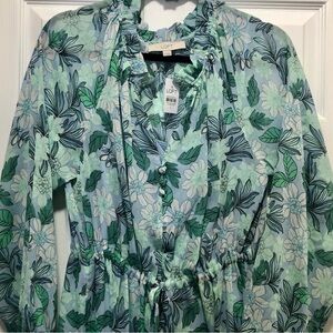 NWT LOFT Blue and Black Green Floral Maxi Dress Layered Ruffles Puff Sleeves